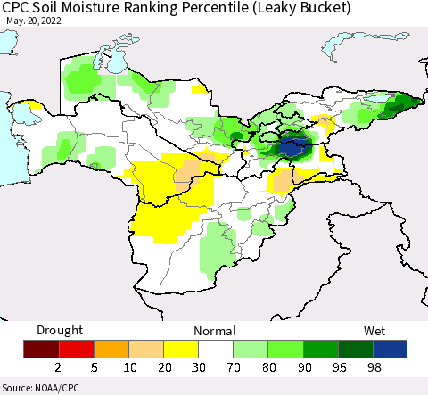 Central Asia CPC Soil Moisture Ranking Percentile (Leaky Bucket) Thematic Map For 5/16/2022 - 5/20/2022