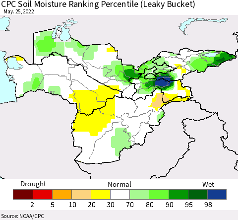 Central Asia CPC Soil Moisture Ranking Percentile (Leaky Bucket) Thematic Map For 5/21/2022 - 5/25/2022