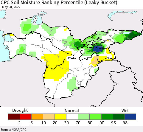 Central Asia CPC Soil Moisture Ranking Percentile (Leaky Bucket) Thematic Map For 5/26/2022 - 5/31/2022