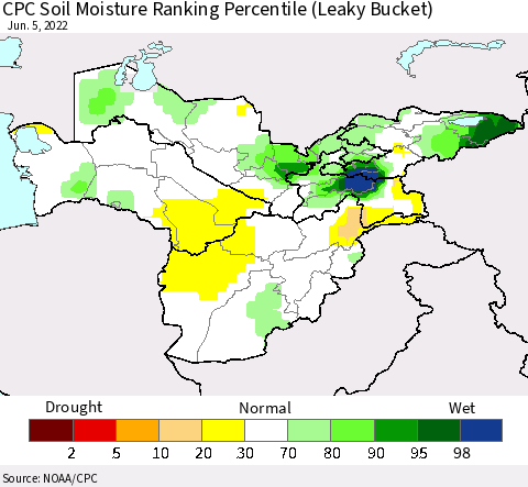 Central Asia CPC Soil Moisture Ranking Percentile (Leaky Bucket) Thematic Map For 6/1/2022 - 6/5/2022