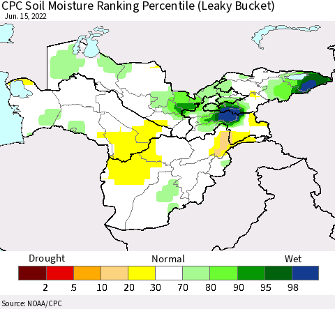 Central Asia CPC Soil Moisture Ranking Percentile (Leaky Bucket) Thematic Map For 6/11/2022 - 6/15/2022