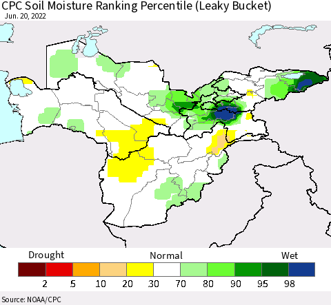 Central Asia CPC Soil Moisture Ranking Percentile (Leaky Bucket) Thematic Map For 6/16/2022 - 6/20/2022