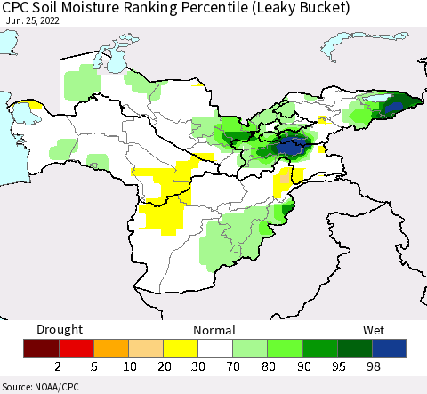 Central Asia CPC Soil Moisture Ranking Percentile (Leaky Bucket) Thematic Map For 6/21/2022 - 6/25/2022