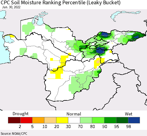 Central Asia CPC Soil Moisture Ranking Percentile (Leaky Bucket) Thematic Map For 6/26/2022 - 6/30/2022