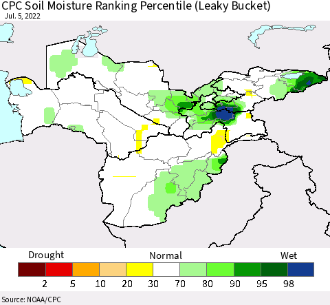 Central Asia CPC Soil Moisture Ranking Percentile (Leaky Bucket) Thematic Map For 7/1/2022 - 7/5/2022