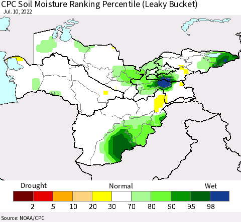 Central Asia CPC Soil Moisture Ranking Percentile (Leaky Bucket) Thematic Map For 7/6/2022 - 7/10/2022
