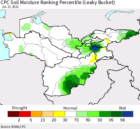 Central Asia CPC Soil Moisture Ranking Percentile (Leaky Bucket) Thematic Map For 7/11/2022 - 7/15/2022