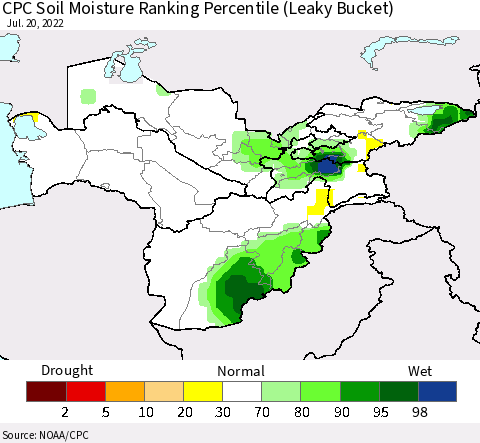 Central Asia CPC Soil Moisture Ranking Percentile (Leaky Bucket) Thematic Map For 7/16/2022 - 7/20/2022