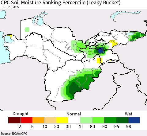 Central Asia CPC Soil Moisture Ranking Percentile (Leaky Bucket) Thematic Map For 7/21/2022 - 7/25/2022