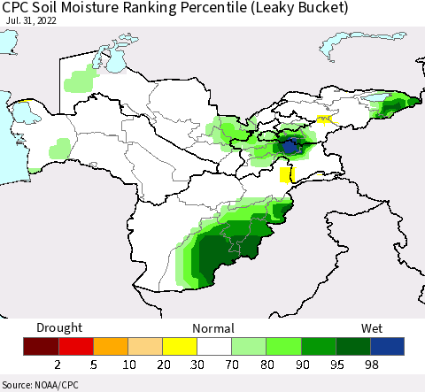 Central Asia CPC Soil Moisture Ranking Percentile (Leaky Bucket) Thematic Map For 7/26/2022 - 7/31/2022