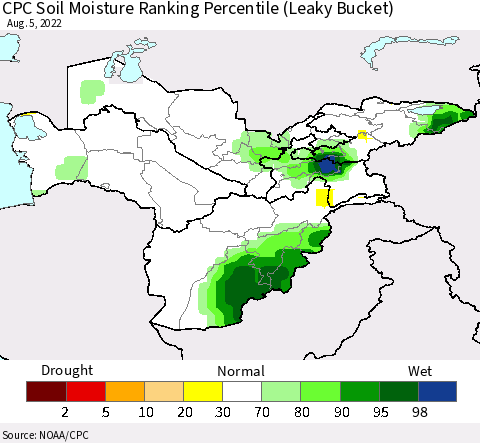 Central Asia CPC Soil Moisture Ranking Percentile (Leaky Bucket) Thematic Map For 8/1/2022 - 8/5/2022
