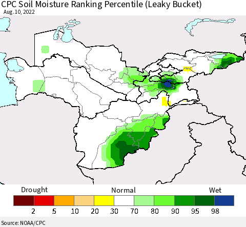 Central Asia CPC Soil Moisture Ranking Percentile (Leaky Bucket) Thematic Map For 8/6/2022 - 8/10/2022