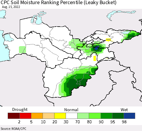 Central Asia CPC Soil Moisture Ranking Percentile (Leaky Bucket) Thematic Map For 8/11/2022 - 8/15/2022