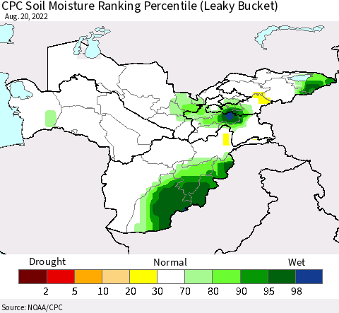 Central Asia CPC Soil Moisture Ranking Percentile (Leaky Bucket) Thematic Map For 8/16/2022 - 8/20/2022