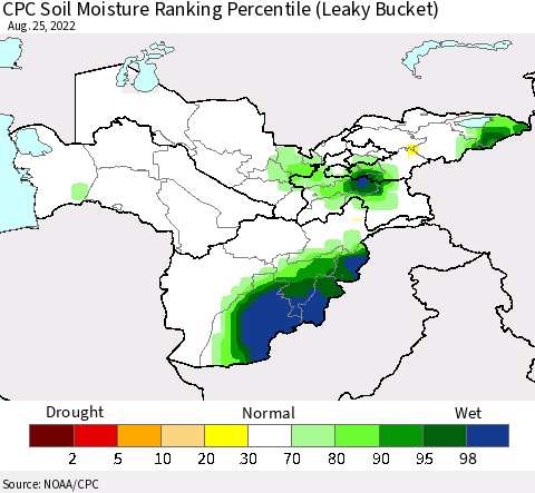 Central Asia CPC Soil Moisture Ranking Percentile (Leaky Bucket) Thematic Map For 8/21/2022 - 8/25/2022