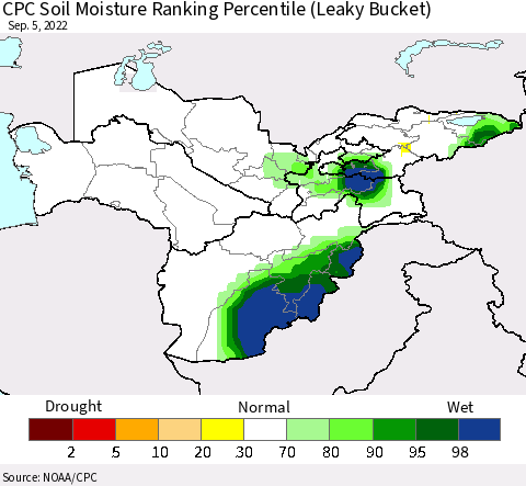 Central Asia CPC Soil Moisture Ranking Percentile (Leaky Bucket) Thematic Map For 9/1/2022 - 9/5/2022