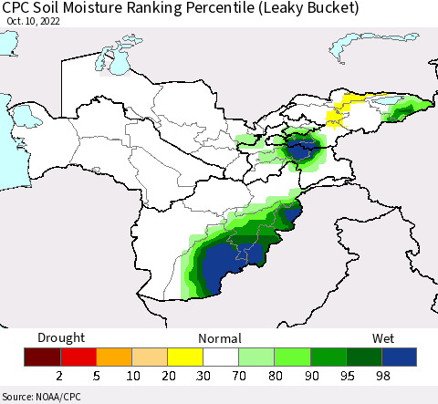 Central Asia CPC Soil Moisture Ranking Percentile (Leaky Bucket) Thematic Map For 10/6/2022 - 10/10/2022