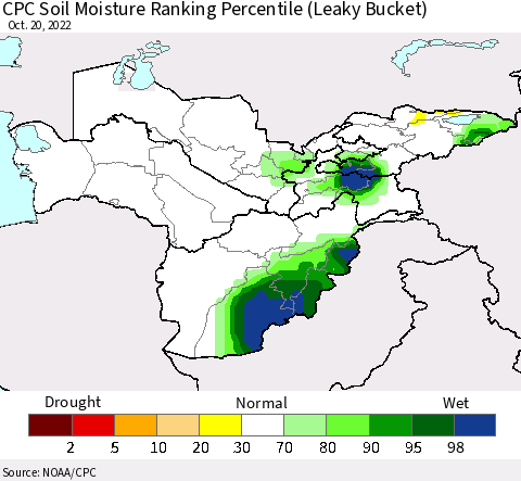 Central Asia CPC Soil Moisture Ranking Percentile (Leaky Bucket) Thematic Map For 10/16/2022 - 10/20/2022