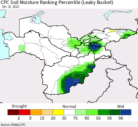 Central Asia CPC Soil Moisture Ranking Percentile (Leaky Bucket) Thematic Map For 10/26/2022 - 10/31/2022