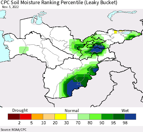 Central Asia CPC Soil Moisture Ranking Percentile (Leaky Bucket) Thematic Map For 11/1/2022 - 11/5/2022