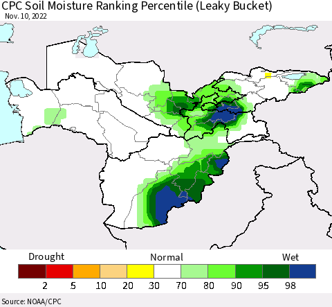 Central Asia CPC Soil Moisture Ranking Percentile (Leaky Bucket) Thematic Map For 11/6/2022 - 11/10/2022