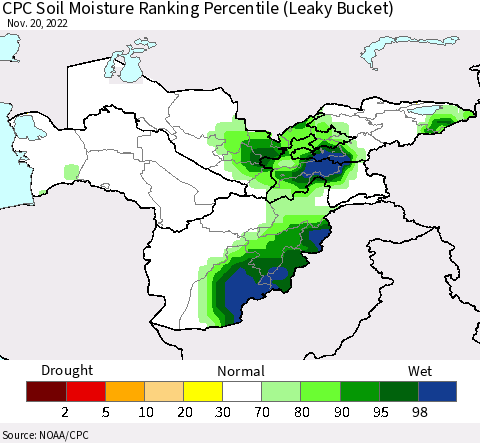 Central Asia CPC Soil Moisture Ranking Percentile (Leaky Bucket) Thematic Map For 11/16/2022 - 11/20/2022