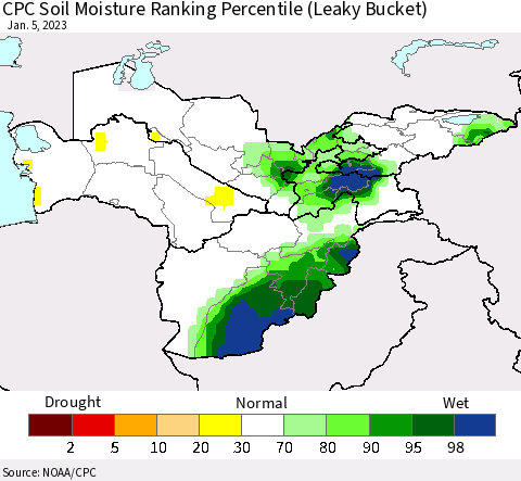 Central Asia CPC Soil Moisture Ranking Percentile (Leaky Bucket) Thematic Map For 1/1/2023 - 1/5/2023