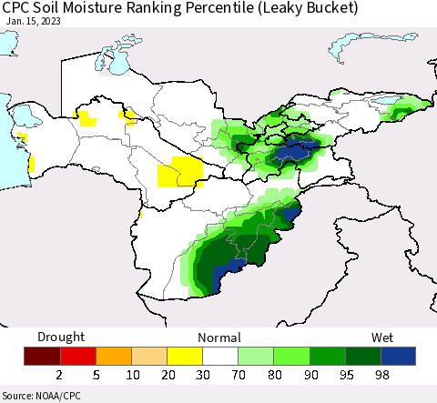 Central Asia CPC Soil Moisture Ranking Percentile (Leaky Bucket) Thematic Map For 1/11/2023 - 1/15/2023