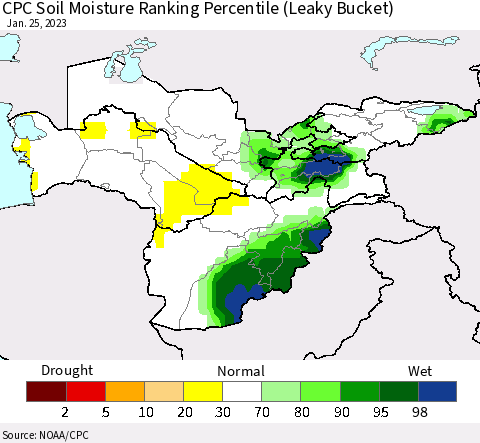 Central Asia CPC Soil Moisture Ranking Percentile (Leaky Bucket) Thematic Map For 1/21/2023 - 1/25/2023