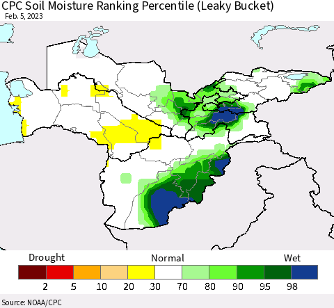Central Asia CPC Soil Moisture Ranking Percentile (Leaky Bucket) Thematic Map For 2/1/2023 - 2/5/2023