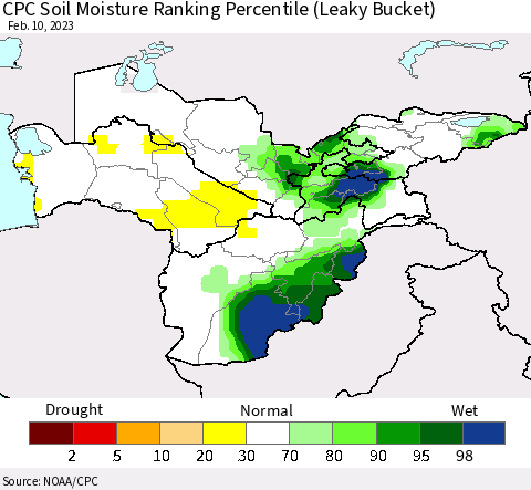 Central Asia CPC Soil Moisture Ranking Percentile (Leaky Bucket) Thematic Map For 2/6/2023 - 2/10/2023
