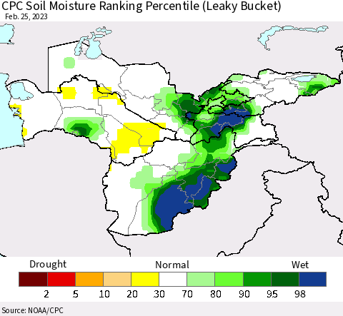 Central Asia CPC Soil Moisture Ranking Percentile (Leaky Bucket) Thematic Map For 2/21/2023 - 2/25/2023