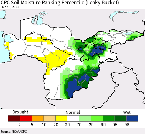 Central Asia CPC Soil Moisture Ranking Percentile (Leaky Bucket) Thematic Map For 3/1/2023 - 3/5/2023