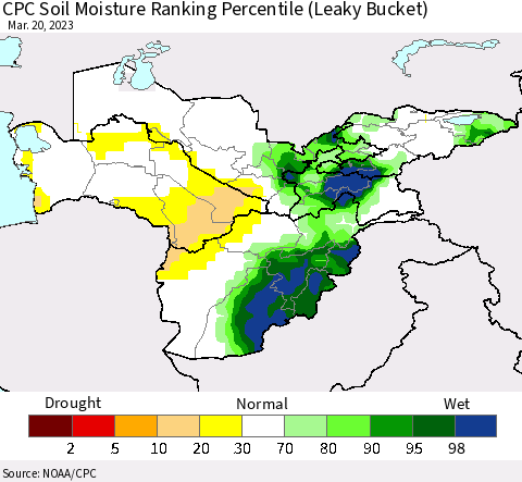 Central Asia CPC Soil Moisture Ranking Percentile (Leaky Bucket) Thematic Map For 3/16/2023 - 3/20/2023