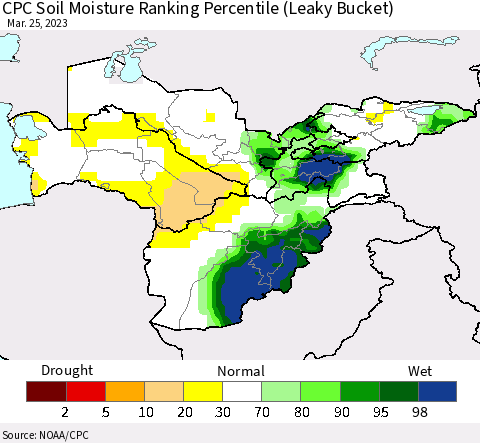 Central Asia CPC Soil Moisture Ranking Percentile (Leaky Bucket) Thematic Map For 3/21/2023 - 3/25/2023