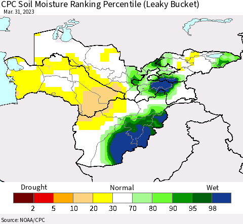 Central Asia CPC Soil Moisture Ranking Percentile (Leaky Bucket) Thematic Map For 3/26/2023 - 3/31/2023