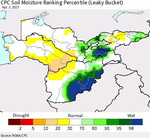 Central Asia CPC Soil Moisture Ranking Percentile (Leaky Bucket) Thematic Map For 4/1/2023 - 4/5/2023