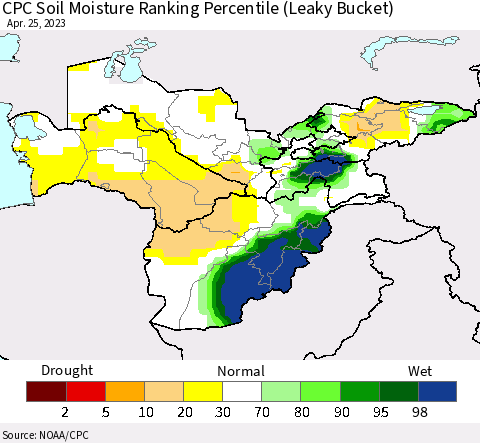 Central Asia CPC Soil Moisture Ranking Percentile (Leaky Bucket) Thematic Map For 4/21/2023 - 4/25/2023