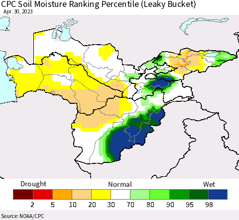 Central Asia CPC Soil Moisture Ranking Percentile (Leaky Bucket) Thematic Map For 4/26/2023 - 4/30/2023