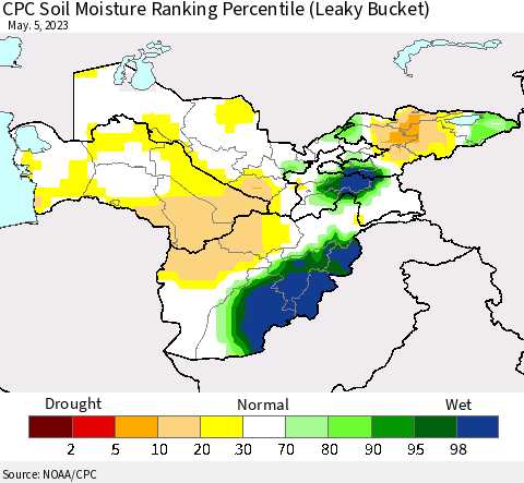 Central Asia CPC Soil Moisture Ranking Percentile (Leaky Bucket) Thematic Map For 5/1/2023 - 5/5/2023
