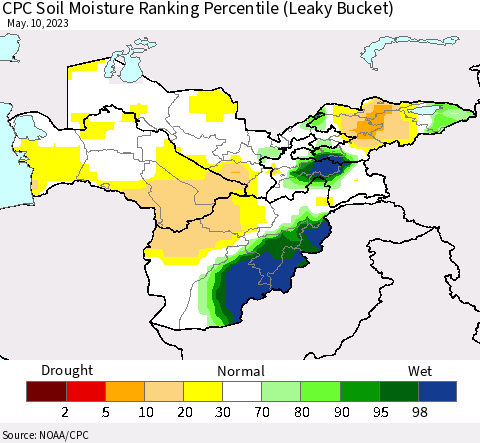 Central Asia CPC Soil Moisture Ranking Percentile (Leaky Bucket) Thematic Map For 5/6/2023 - 5/10/2023