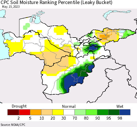 Central Asia CPC Soil Moisture Ranking Percentile (Leaky Bucket) Thematic Map For 5/11/2023 - 5/15/2023