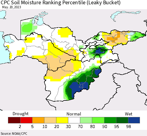 Central Asia CPC Soil Moisture Ranking Percentile (Leaky Bucket) Thematic Map For 5/16/2023 - 5/20/2023