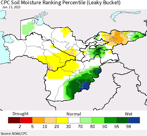 Central Asia CPC Soil Moisture Ranking Percentile (Leaky Bucket) Thematic Map For 6/11/2023 - 6/15/2023