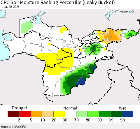Central Asia CPC Soil Moisture Ranking Percentile (Leaky Bucket) Thematic Map For 6/16/2023 - 6/20/2023