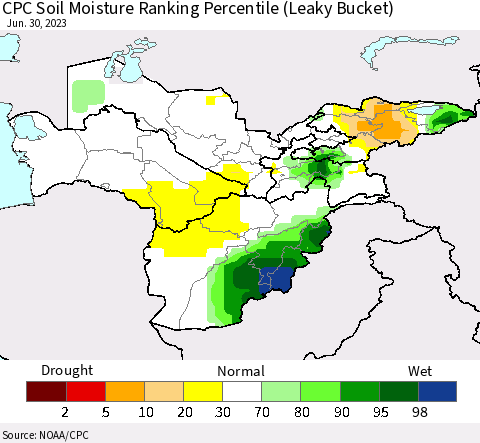 Central Asia CPC Soil Moisture Ranking Percentile (Leaky Bucket) Thematic Map For 6/26/2023 - 6/30/2023