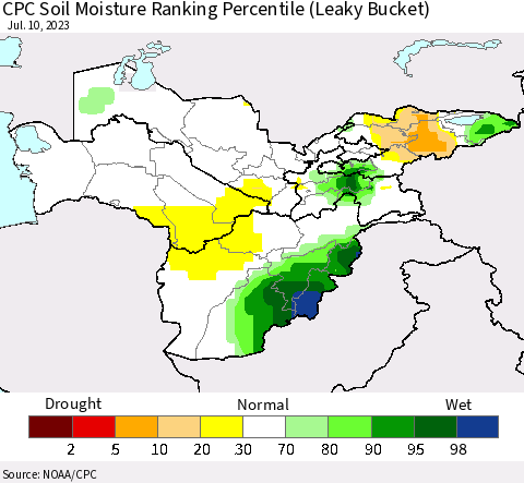 Central Asia CPC Soil Moisture Ranking Percentile (Leaky Bucket) Thematic Map For 7/6/2023 - 7/10/2023