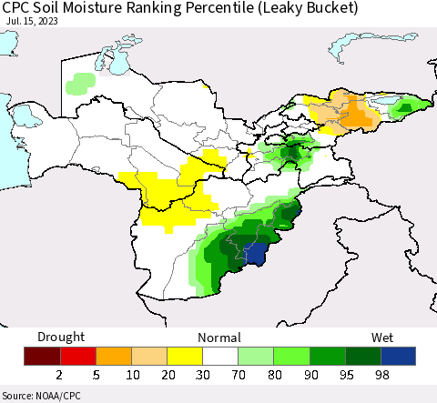 Central Asia CPC Soil Moisture Ranking Percentile (Leaky Bucket) Thematic Map For 7/11/2023 - 7/15/2023
