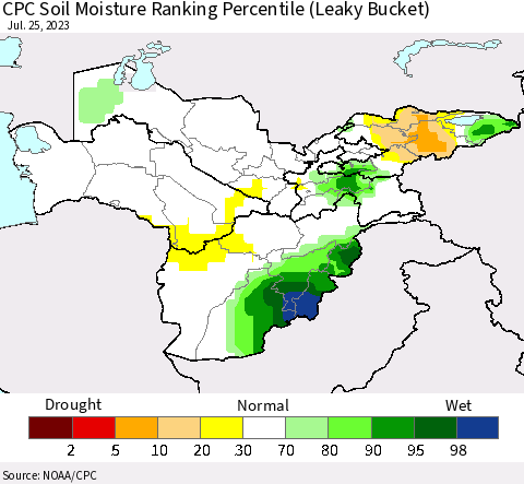 Central Asia CPC Soil Moisture Ranking Percentile (Leaky Bucket) Thematic Map For 7/21/2023 - 7/25/2023