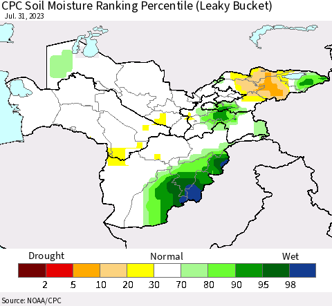 Central Asia CPC Soil Moisture Ranking Percentile (Leaky Bucket) Thematic Map For 7/26/2023 - 7/31/2023